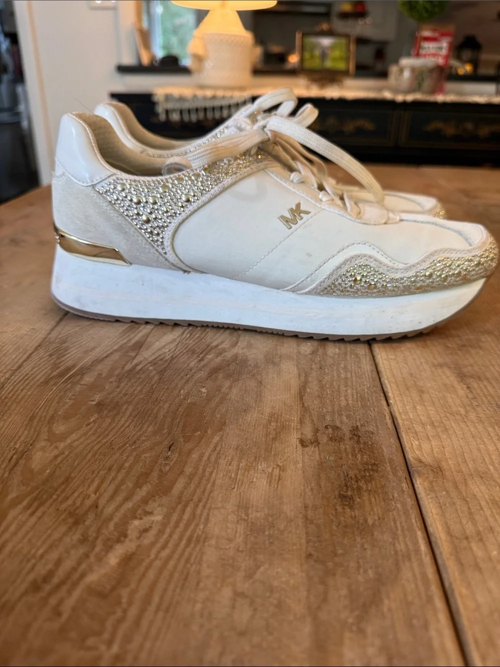 Michael Kors White Kids Sneakers with Gold Rhinestone Accents